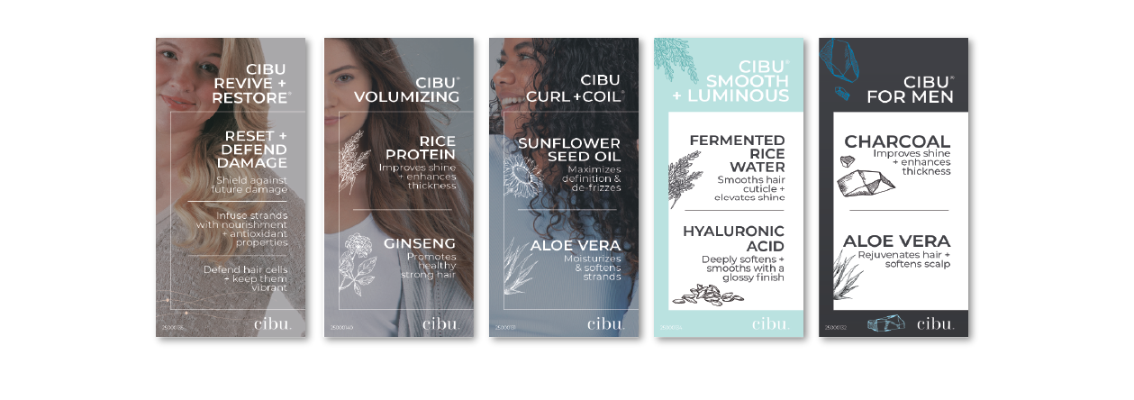 CIBU product line cards — color-coded ingredient and benefit callouts across all product categories