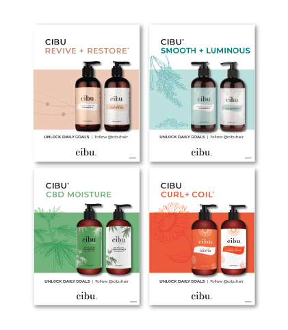 CIBU retail communication — in-salon product line signage and display cards