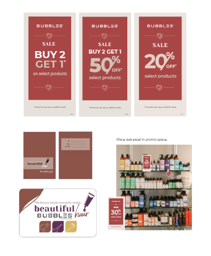 Bubbles Salons supporting materials — gift cards, envelopes, and promotional print assets