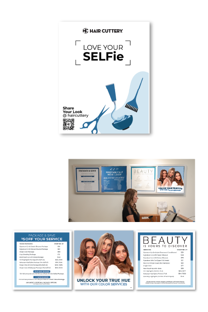 Hair Cuttery in-salon signage system — promotional poster and retail display